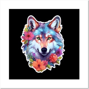Colorful Wolf With Flowers Posters and Art